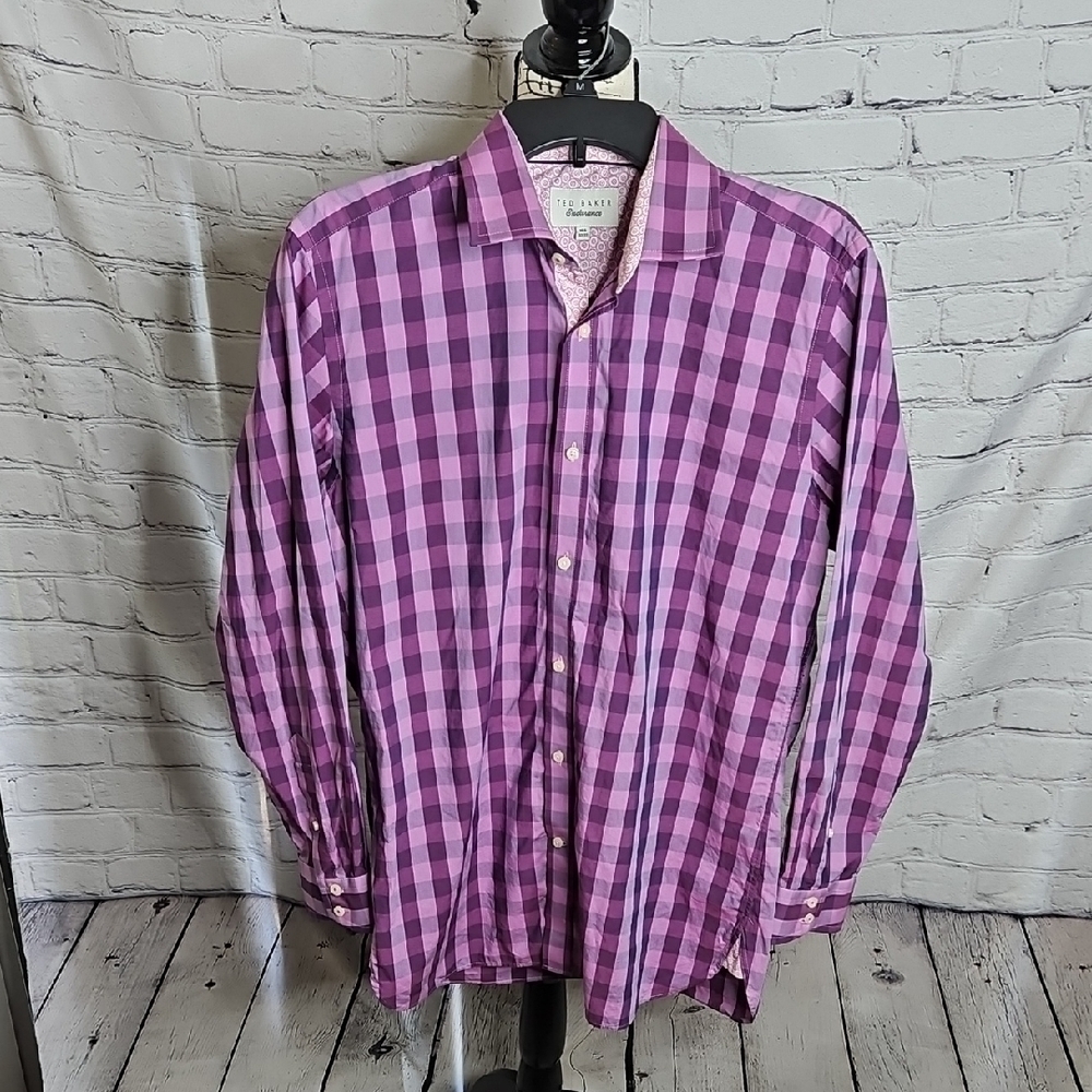 Ted Baker Endurance Purple Checkered Button Down Shirt Flip Cuff 15.5/32/33